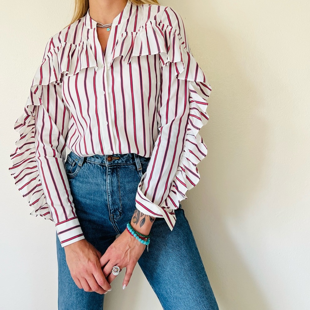 Anthropologie Belle Vere ruffle button down striped shirt top long sleeve - Picture 3 of 8